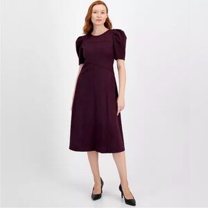 Anne Klein deep plum sueded puff sleeves, a-line midi dress, size 12, NWT
